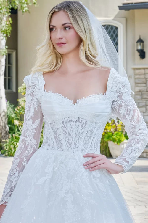 Off-White Long Sleeve Lace Wedding Dress Sweetheart Ball Gown with Sparkle Tulle Skirt by Gloria GL3820