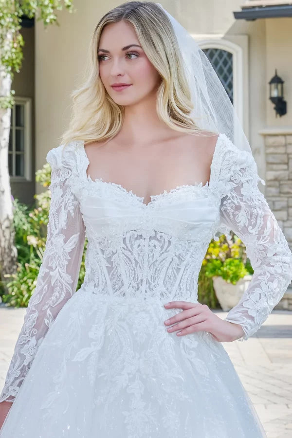 Off-White Long Sleeve Lace Wedding Dress Sweetheart Ball Gown with Sparkle Tulle Skirt by Gloria GL3820