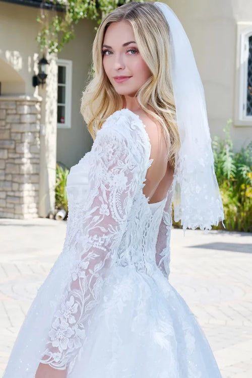 Off-White Long Sleeve Lace Wedding Dress Sweetheart Ball Gown with Sparkle Tulle Skirt by Gloria GL3820