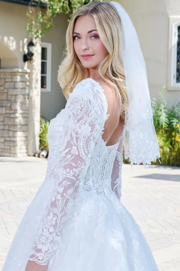 Off-White Long Sleeve Lace Wedding Dress Sweetheart Ball Gown with Sparkle Tulle Skirt by Gloria GL3820