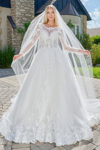 Off-White Lace Wedding Dress with Long Sleeves Illusion Corset Bodice & Train by Gloria GL3823