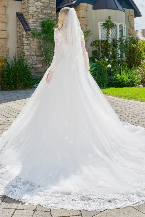 Off-White Lace Wedding Dress with Long Sleeves Illusion Corset Bodice & Train by Gloria GL3823