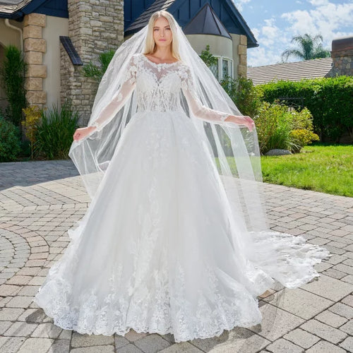 Off-White Lace Wedding Dress with Long Sleeves Illusion Corset Bodice & Train by Gloria GL3823