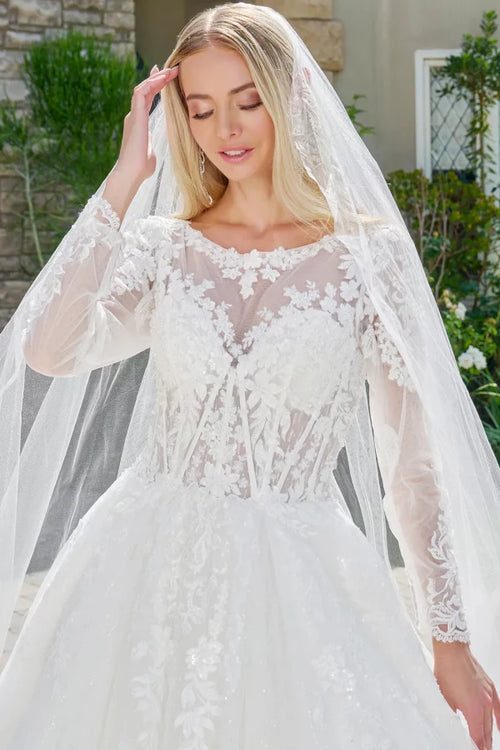 Off-White Lace Wedding Dress with Long Sleeves Illusion Corset Bodice & Train by Gloria GL3823