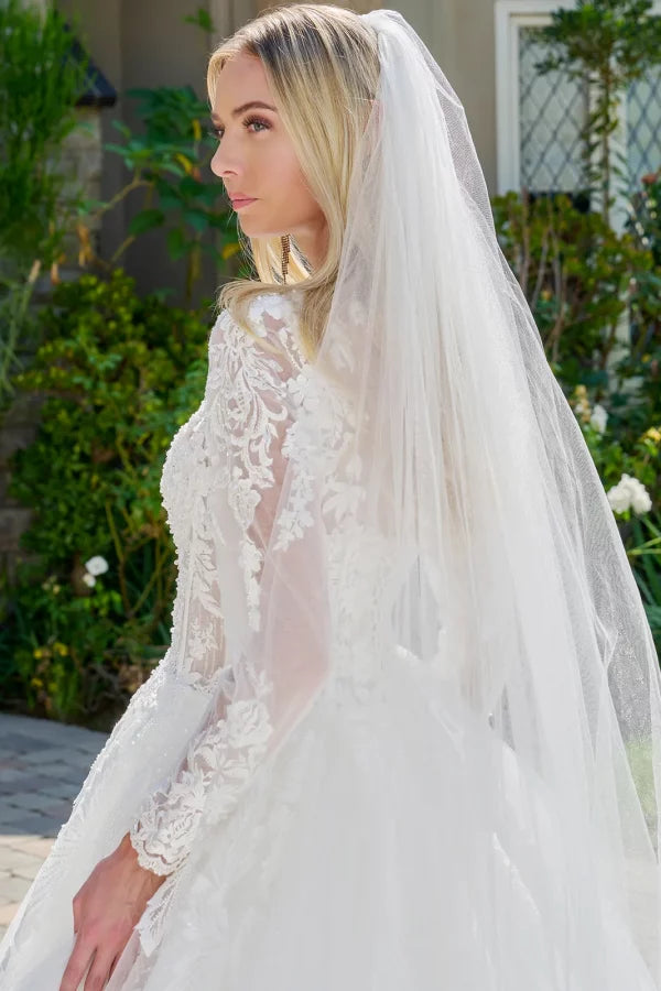 Off-White Lace Wedding Dress with Long Sleeves Illusion Corset Bodice & Train by Gloria GL3823