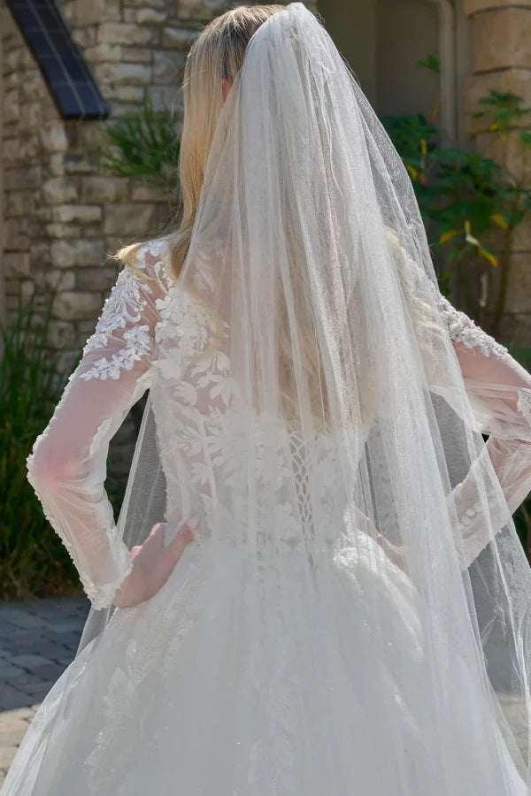 Off-White Lace Wedding Dress with Long Sleeves Illusion Corset Bodice & Train by Gloria GL3823