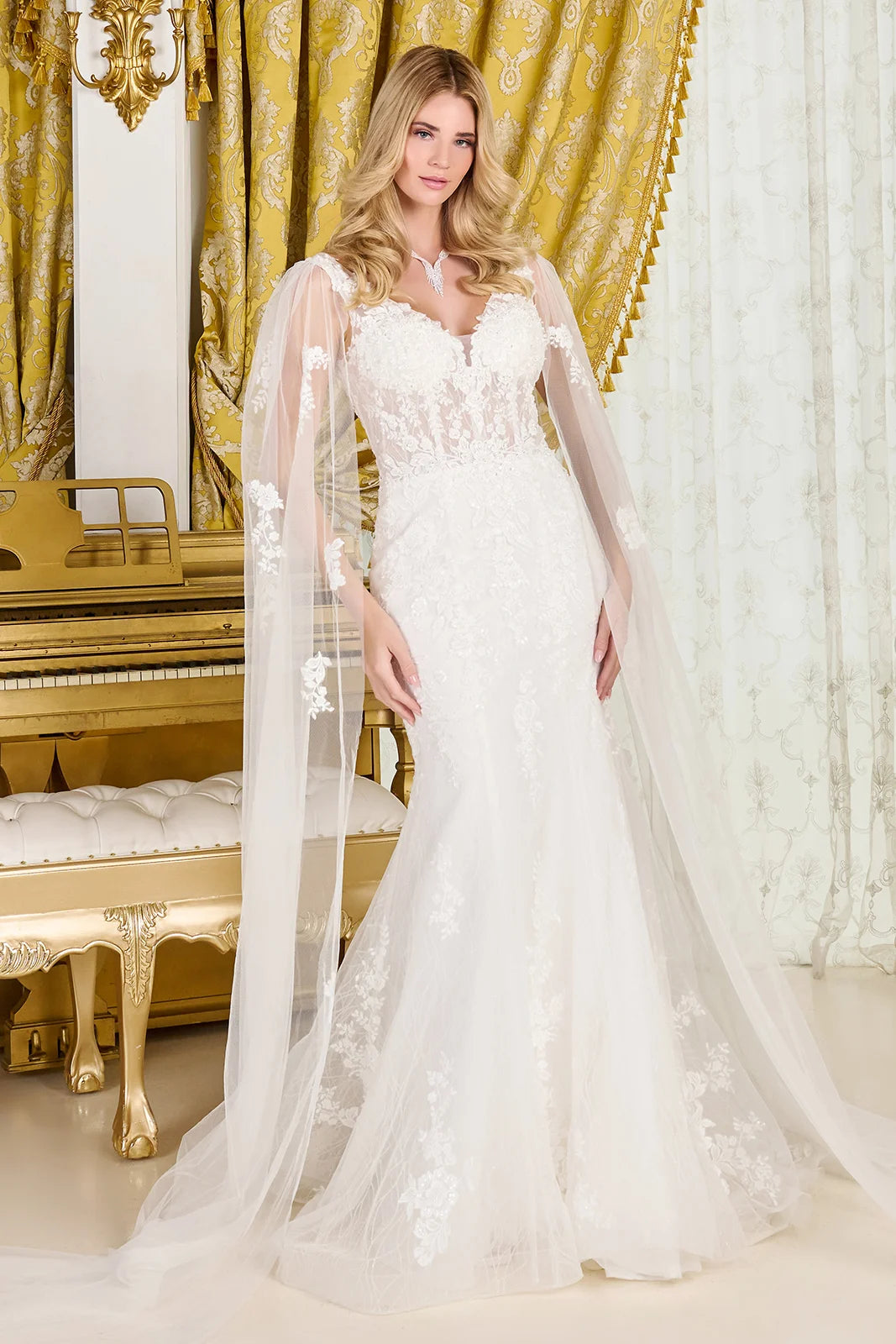 Off-White Floral Lace Trumpet Wedding Dress with V-Neck Sheer Tulle Cape and Lace-Up Back by Gloria GL3829