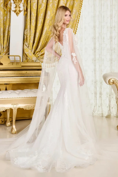 Off-White Floral Lace Trumpet Wedding Dress with V-Neck Sheer Tulle Cape and Lace-Up Back by Gloria GL3829