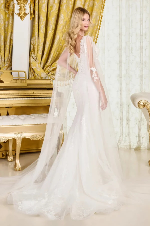 Off-White Floral Lace Trumpet Wedding Dress with V-Neck Sheer Tulle Cape and Lace-Up Back by Gloria GL3829