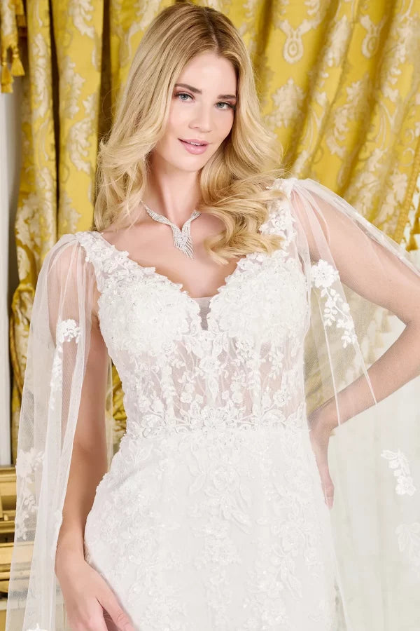 Off-White Floral Lace Trumpet Wedding Dress with V-Neck Sheer Tulle Cape and Lace-Up Back by Gloria GL3829