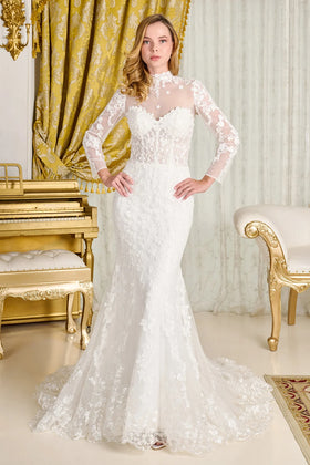 Strapless Sweetheart Bridal Gown with Sheer Corset Bodice Train & Long Sleeve by Gloria GL3830