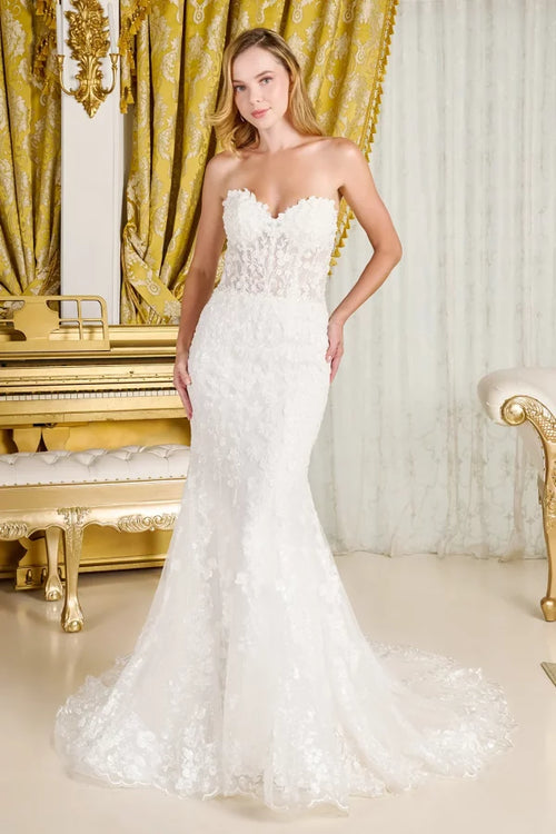 Strapless Sweetheart Bridal Gown with Sheer Corset Bodice Train & Long Sleeve by Gloria GL3830