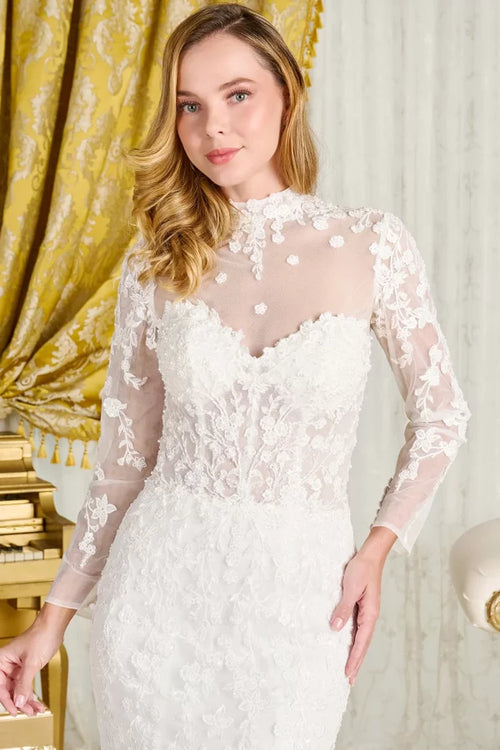 Strapless Sweetheart Bridal Gown with Sheer Corset Bodice Train & Long Sleeve by Gloria GL3830