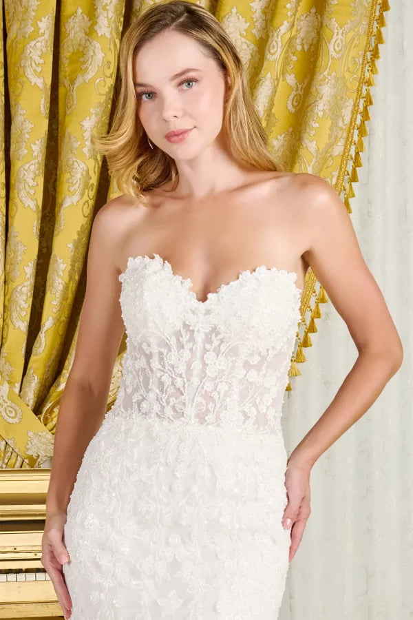 Strapless Sweetheart Bridal Gown with Sheer Corset Bodice Train & Long Sleeve by Gloria GL3830