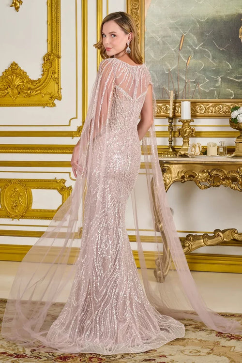 Dusty Rose Sequin Sheath Mother of the Bride Dress with Sheer Cape Sleeves by Gloria GL3831