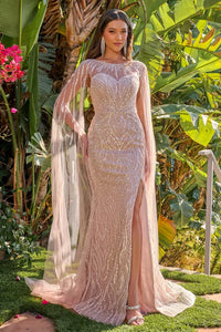 Dusty Rose Sequin Sheath Mother of the Bride Dress with Sheer Cape Sleeves by Gloria GL3831