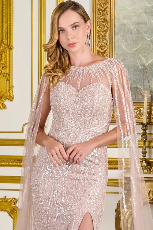 Dusty Rose Sequin Sheath Mother of the Bride Dress with Sheer Cape Sleeves by Gloria GL3831