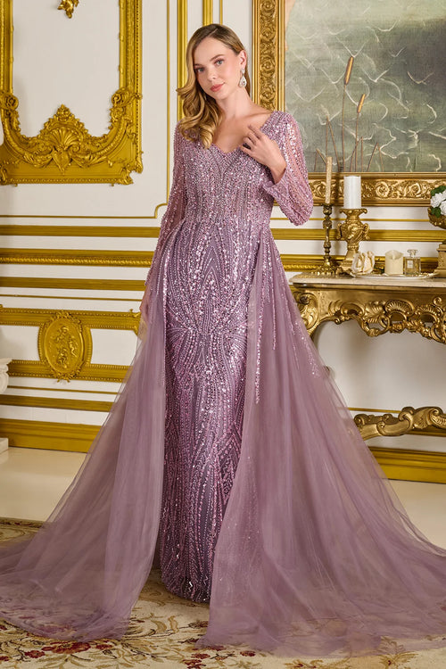 Mauve Long Sleeve Beaded Mother of the Bride Dress with Tulle Overskirt Train by Gloria GL3832