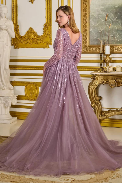 Mauve Long Sleeve Beaded Mother of the Bride Dress with Tulle Overskirt Train by Gloria GL3832