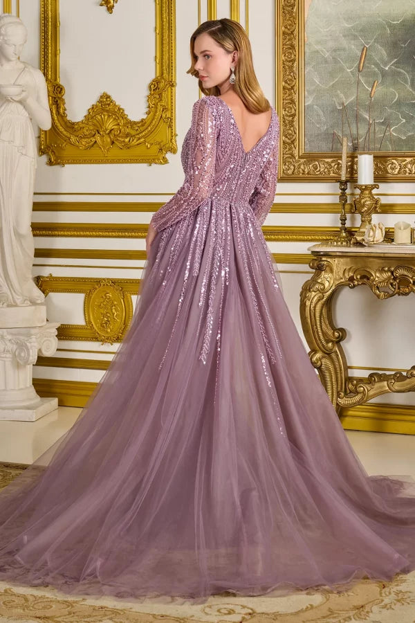 Mauve Long Sleeve Beaded Mother of the Bride Dress with Tulle Overskirt Train by Gloria GL3832
