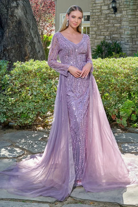 Mauve Long Sleeve Beaded Mother of the Bride Dress with Tulle Overskirt Train by Gloria GL3832