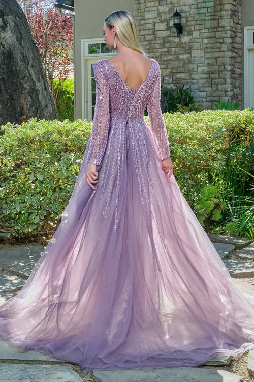 Mauve Long Sleeve Beaded Mother of the Bride Dress with Tulle Overskirt Train by Gloria GL3832