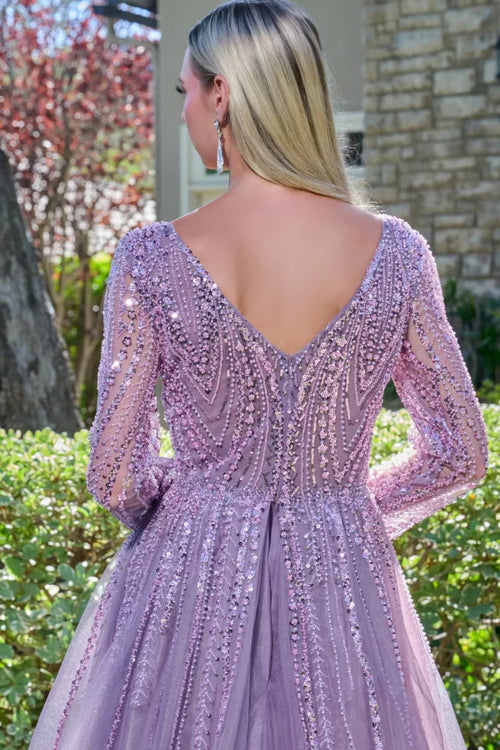 Mauve Long Sleeve Beaded Mother of the Bride Dress with Tulle Overskirt Train by Gloria GL3832
