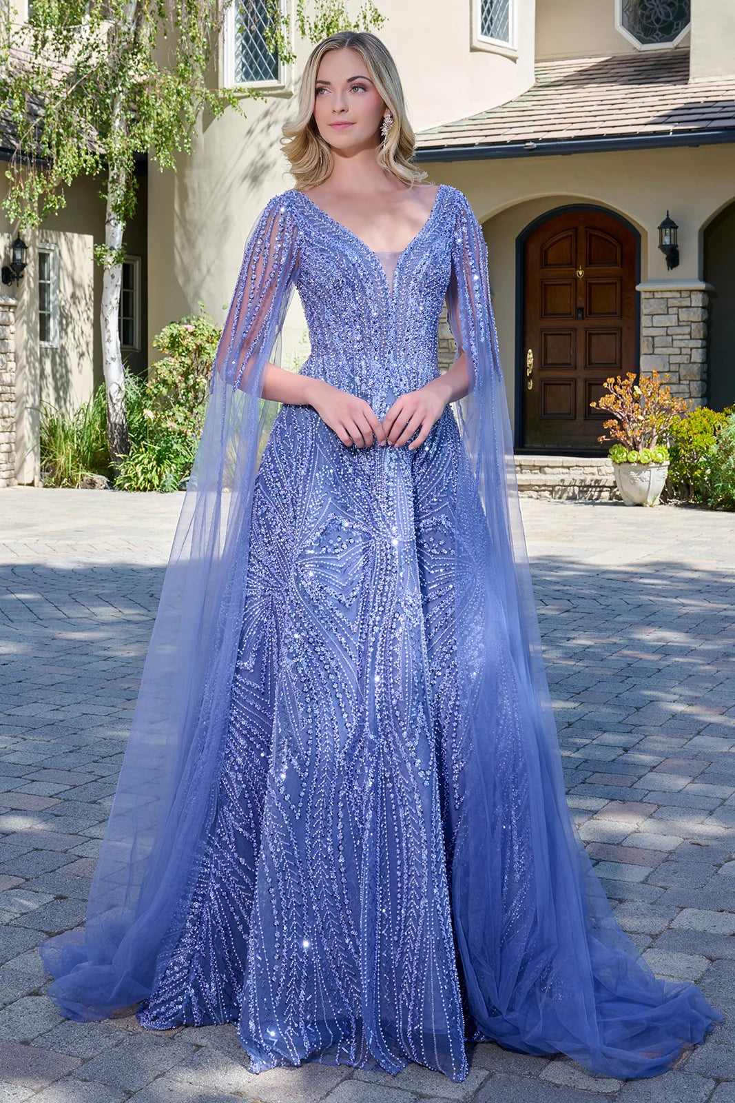 Smoky Blue Sequin Long Evening Gown with Tulle Cape Sleeves V-Neck & Deep V-Back by Gloria GL3833