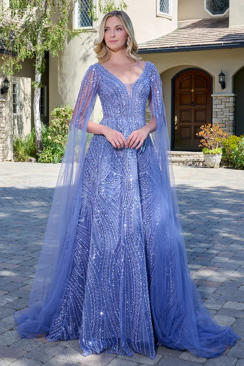 Smoky Blue Sequin Long Evening Gown with Tulle Cape Sleeves V-Neck & Deep V-Back by Gloria GL3833