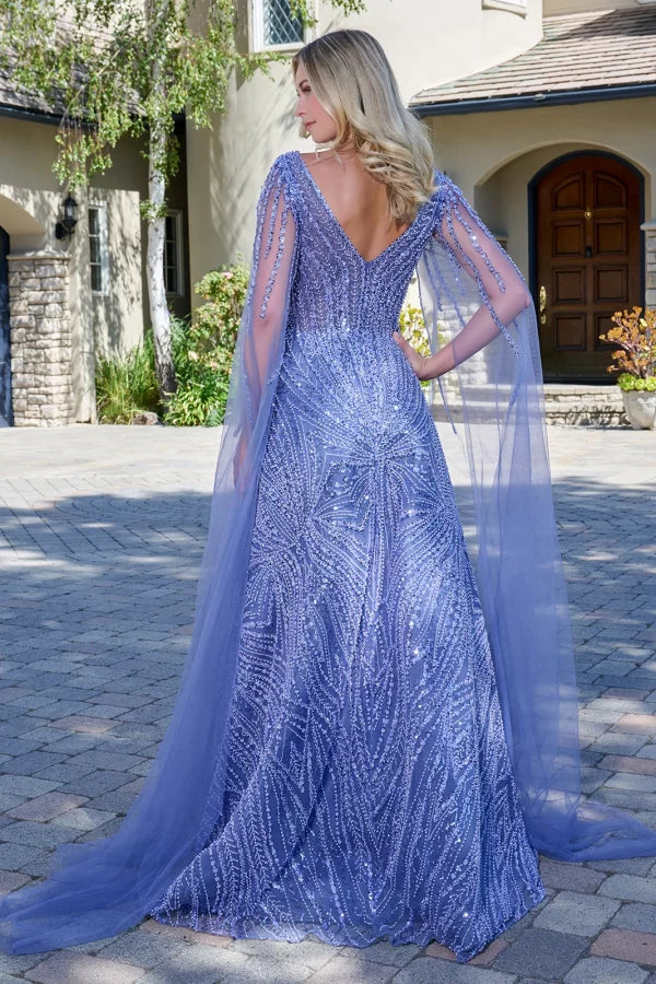 Smoky Blue Sequin Long Evening Gown with Tulle Cape Sleeves V-Neck & Deep V-Back by Gloria GL3833