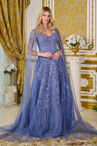Smoky Blue Sequin Long Evening Gown with Tulle Cape Sleeves V-Neck & Deep V-Back by Gloria GL3833