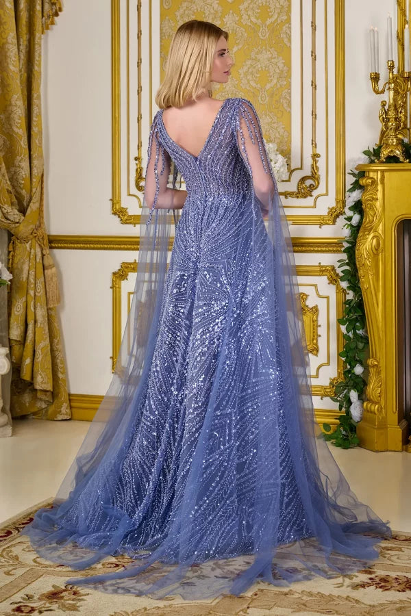 Smoky Blue Sequin Long Evening Gown with Tulle Cape Sleeves V-Neck & Deep V-Back by Gloria GL3833