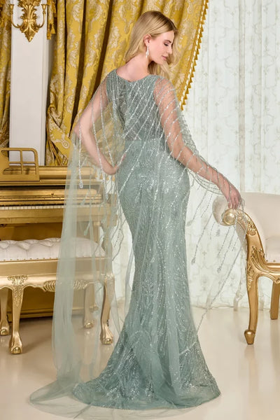 Gray Blue Sequin Evening Gown with Beaded Cape Sleeves Mother of the Bride Dress by Gloria GL3835