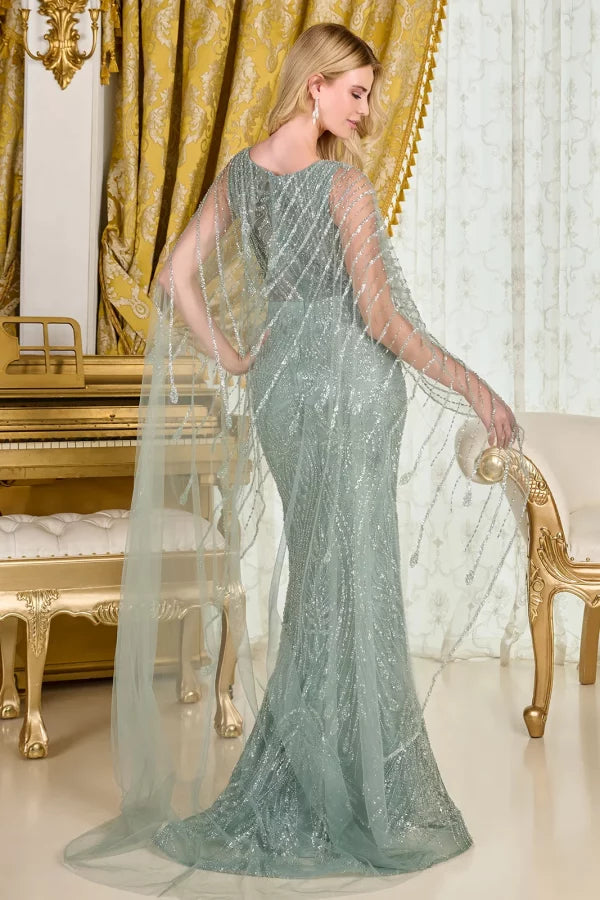 Gray Blue Sequin Evening Gown with Beaded Cape Sleeves Mother of the Bride Dress by Gloria GL3835