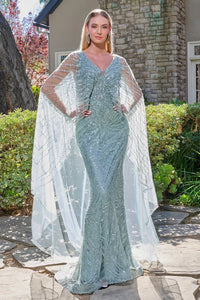 Gray Blue Sequin Evening Gown with Beaded Cape Sleeves Mother of the Bride Dress by Gloria GL3835