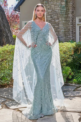 Gray Blue Sequin Evening Gown with Beaded Cape Sleeves Mother of the Bride Dress by Gloria GL3835