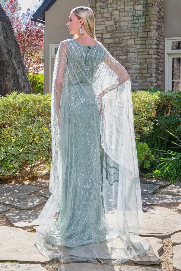 Gray Blue Sequin Evening Gown with Beaded Cape Sleeves Mother of the Bride Dress by Gloria GL3835