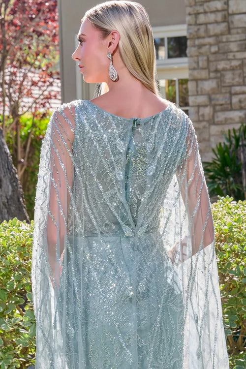 Gray Blue Sequin Evening Gown with Beaded Cape Sleeves Mother of the Bride Dress by Gloria GL3835