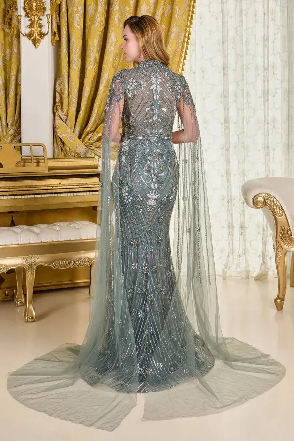 Gray Green High Neck Beaded Sheath Mother of the Bride Dress with Cape Sleeves by Gloria GL3836
