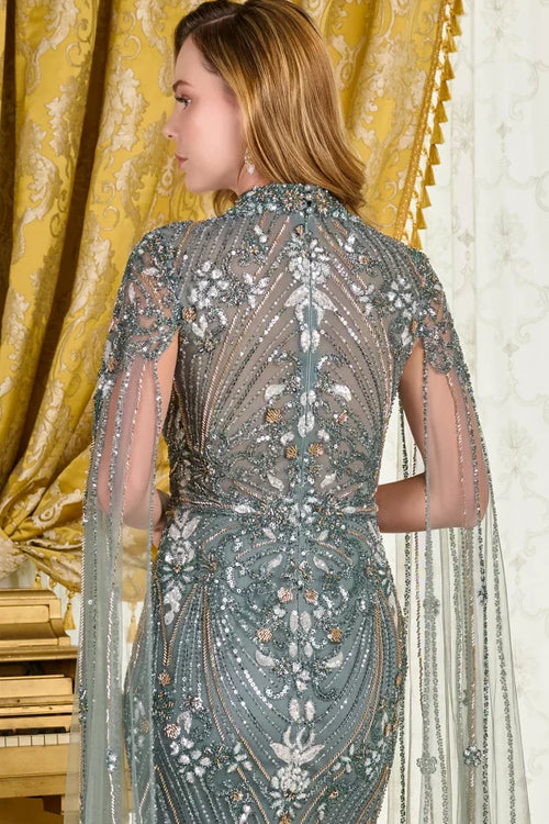 Gray Green High Neck Beaded Sheath Mother of the Bride Dress with Cape Sleeves by Gloria GL3836