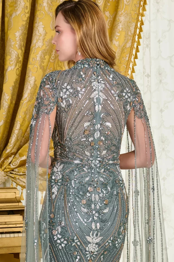 Gray Green High Neck Beaded Sheath Mother of the Bride Dress with Cape Sleeves by Gloria GL3836