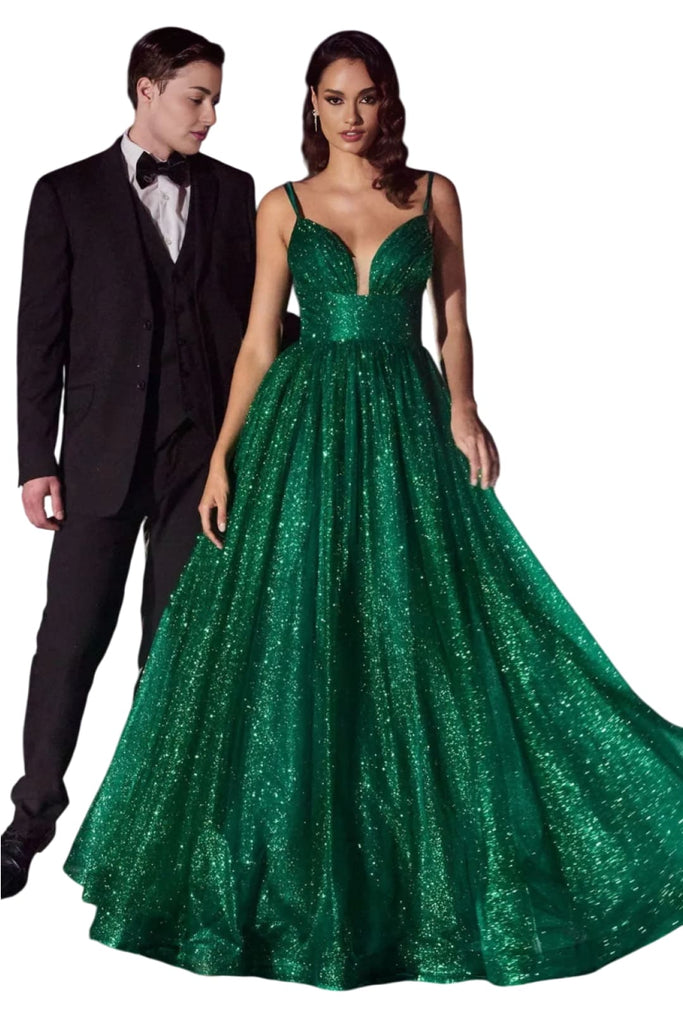 Glitter A-Line Pageant Long Gown 2025 Dual Straps Formal Dress - EMERALD GREEN / 2 - Dress