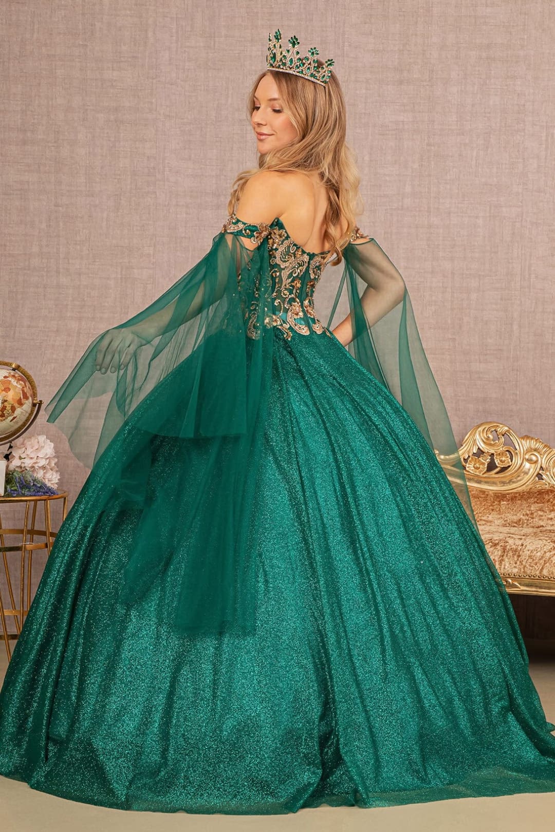 Glitter Cape Sleeve Ball Gown by Elizabeth K GL3139 - XS / Emerald Green - Quinceanera Dresses