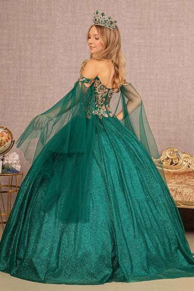 Glitter Cape Sleeve Ball Gown by Elizabeth K GL3139 - XS / Emerald Green - Quinceanera Dresses