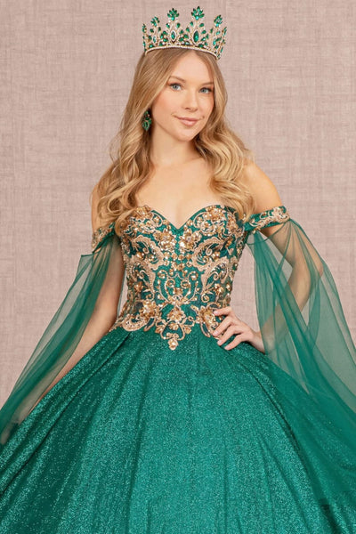 Glitter Cape Sleeve Ball Gown by Elizabeth K GL3139 - XS / Emerald Green - Quinceanera Dresses