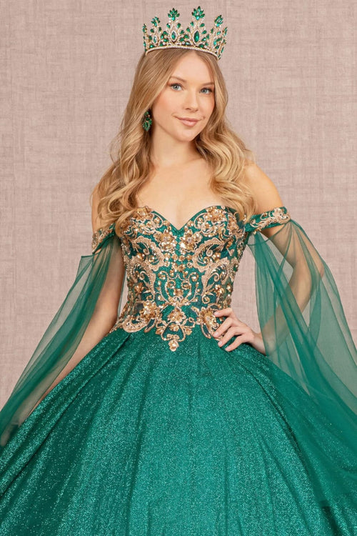 Glitter Cape Sleeve Ball Gown by Elizabeth K GL3139 - XS / Emerald Green - Quinceanera Dresses