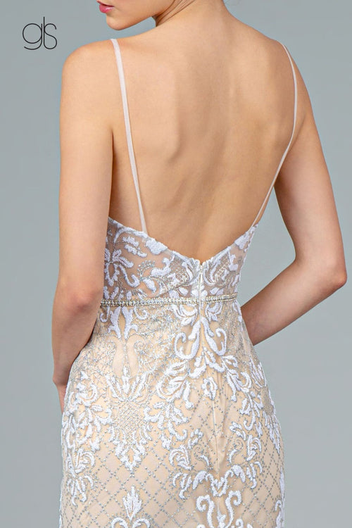 Glitter Embroidered Long Fitted V-Neck Dress by Elizabeth K GL2990 - Long Formal Dresses
