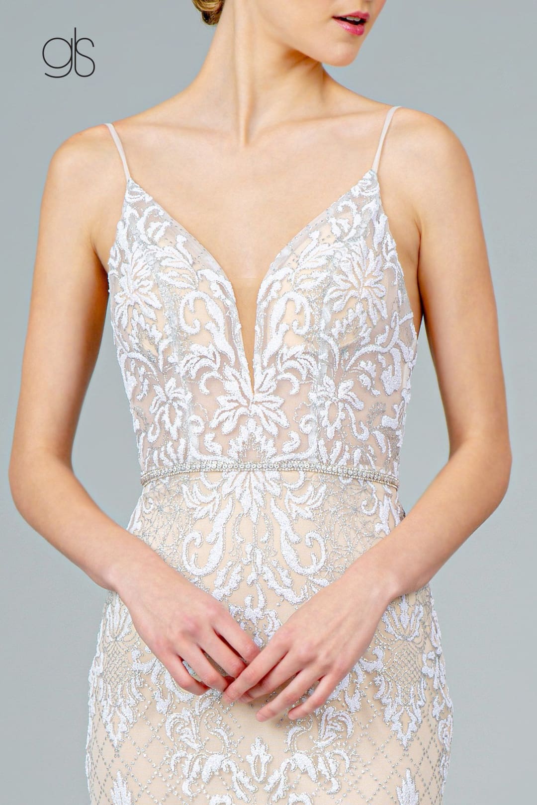 Glitter Embroidered Long Fitted V-Neck Dress by Elizabeth K GL2990 - Long Formal Dresses