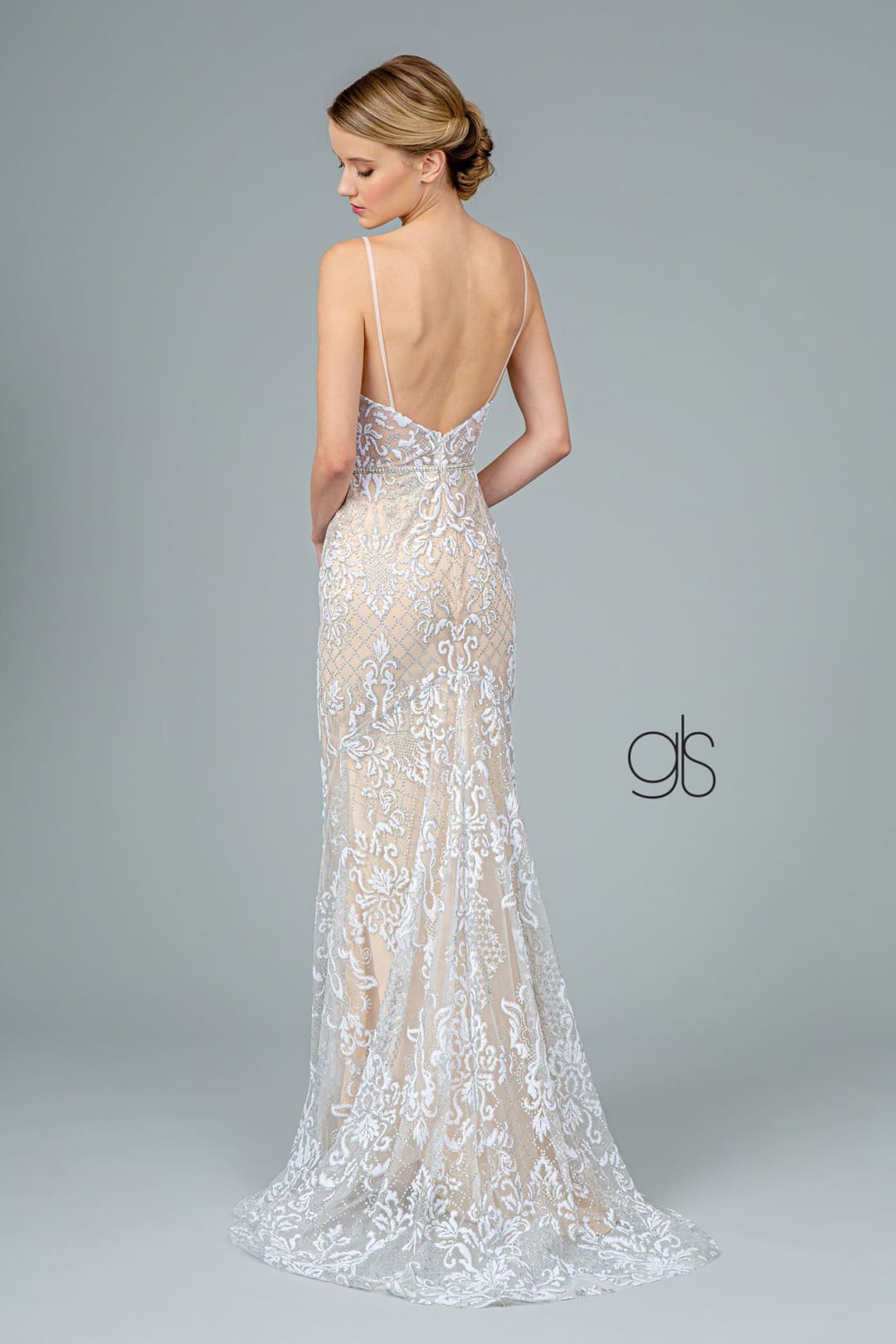 Glitter Embroidered Long Fitted V-Neck Dress by Elizabeth K GL2990 - Long Formal Dresses