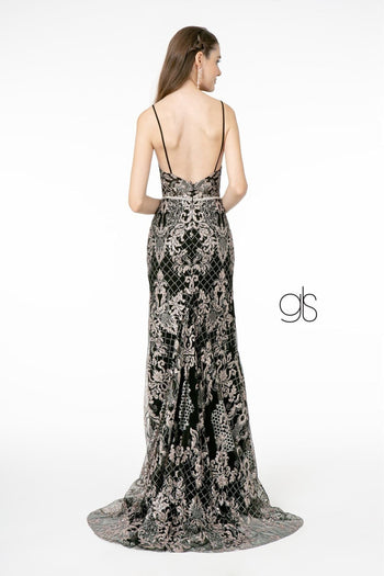 Glitter Embroidered Long Fitted V-Neck Dress by Elizabeth K GL2990 - Long Formal Dresses